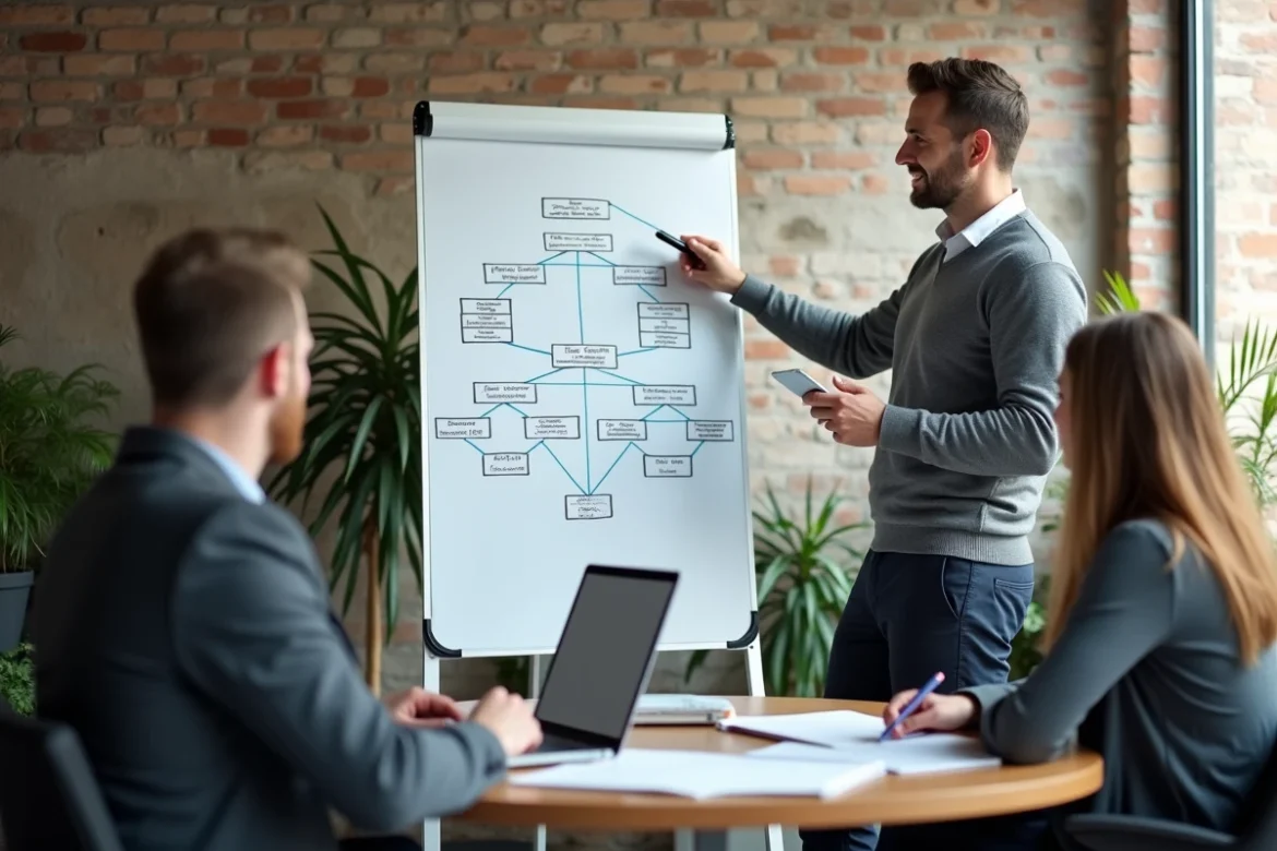 Consultant en recrutement local présentant une stratégie d'équipe relation client dans une agence à Lille