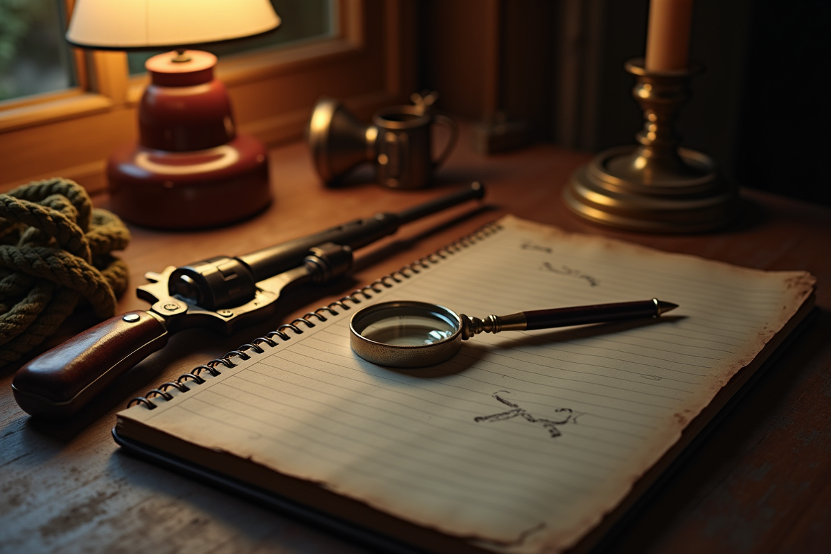 Cabinet vintage avec carnet et loupe pour enquête Cluedo