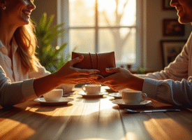 Couple échangeant des cadeaux en cuir pour leur anniversaire de mariage