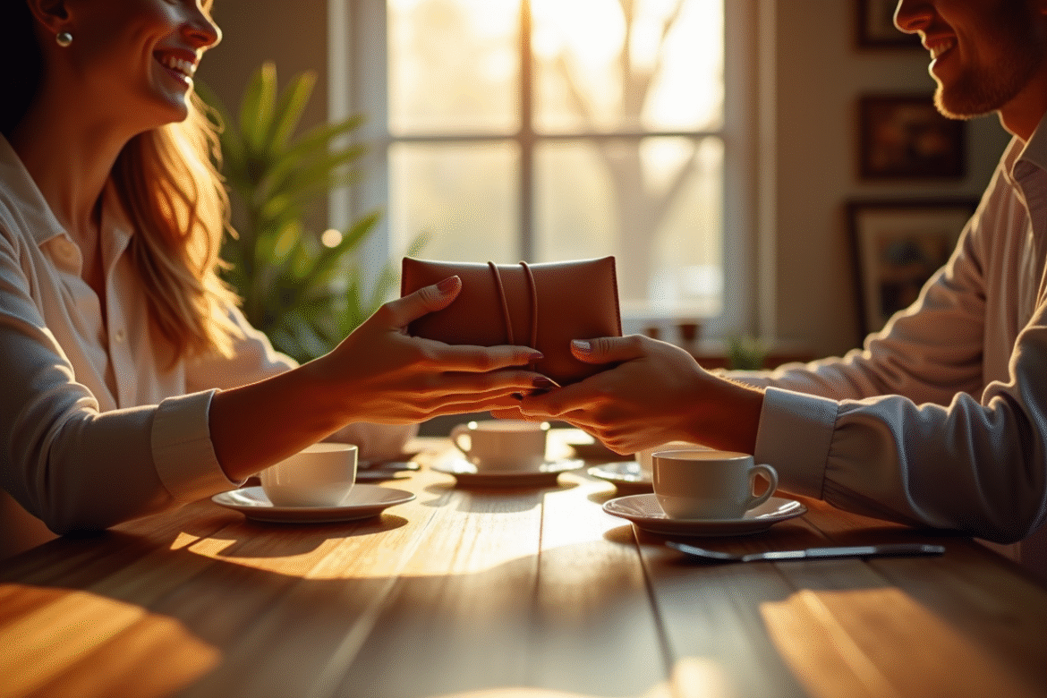 Couple échangeant des cadeaux en cuir pour leur anniversaire de mariage