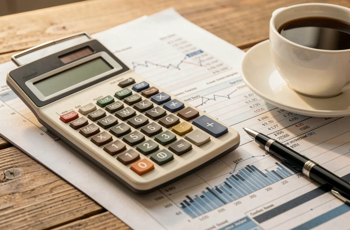 Calculatrice et tableaux financiers imprimés posés sur une table