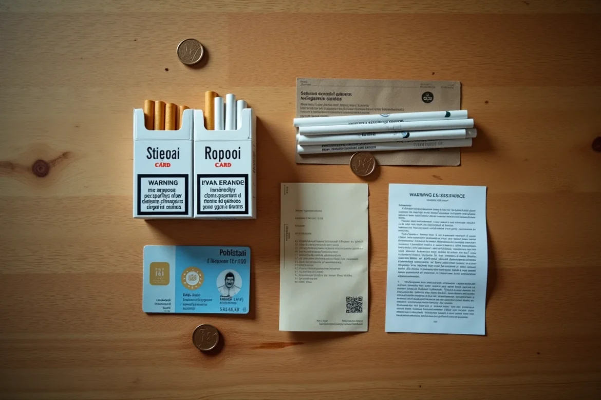 Cartouches de cigarettes avec avertissements sanitaires européens, carte d'identité belge et fiche douanière sur une table en bois