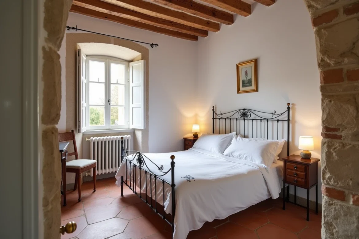 Chambre d'hôtes rustique dans une maison en pierre gasconne près d'Eauze avec poutres apparentes et carrelage en terre cuite