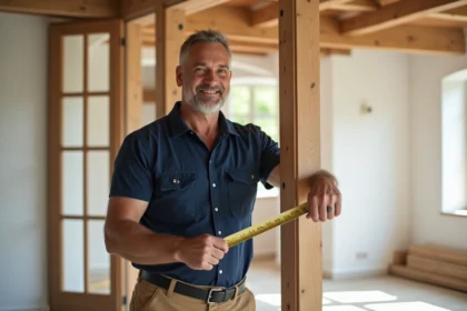 Charpentier mesurant un cadre en bois dans une maison provençale