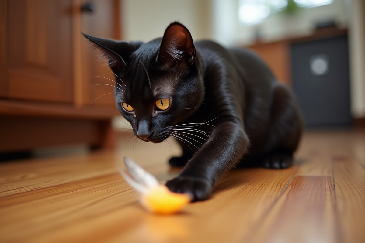 Chat Bengal jouant avec une plume sur le sol