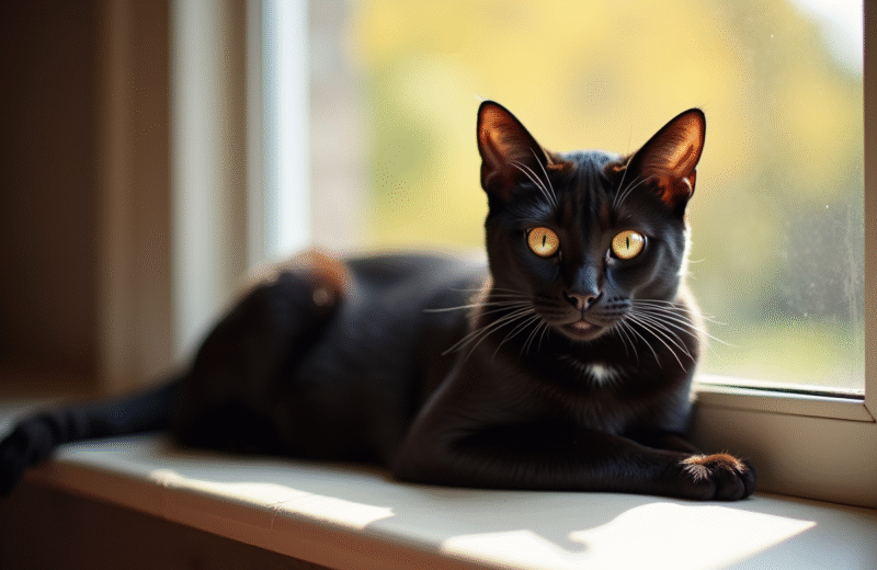 Chat Bengal noir sur une fenêtre ensoleillée