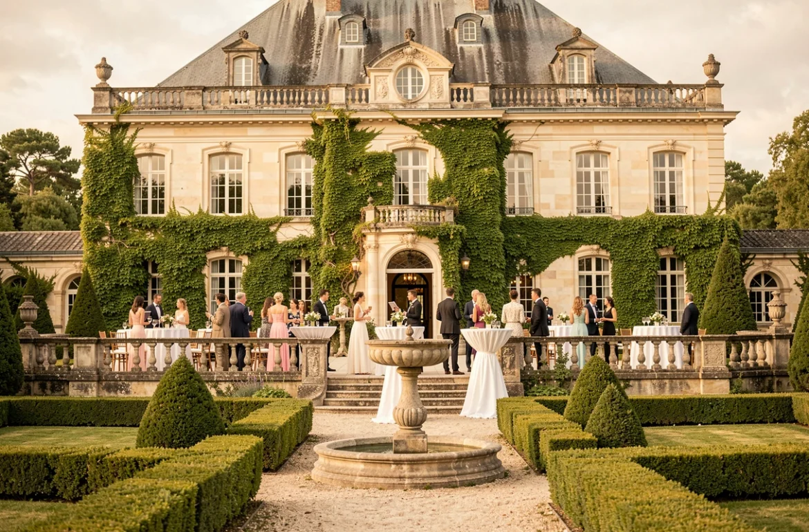Terrasse de mariage au Château D'Amouni avec façade en pierre, jardin formel et invités en tenue élégante