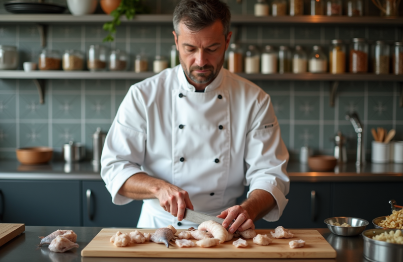 Chef en cuisine préparant du calmar frais sur un plan de travail moderne