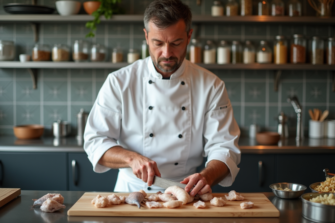 Chef en cuisine préparant du calmar frais sur un plan de travail moderne
