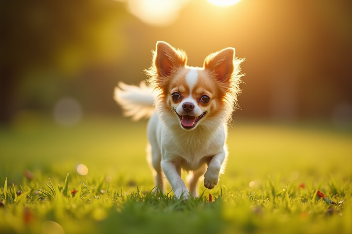 Chihuahua âgé marchant dans un parc ensoleillé