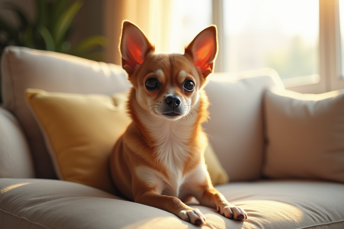 Chihuahua assis sur un canapé dans un salon lumineux