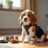 Chiot beagle assis sur le sol avec accessoires pour chiots