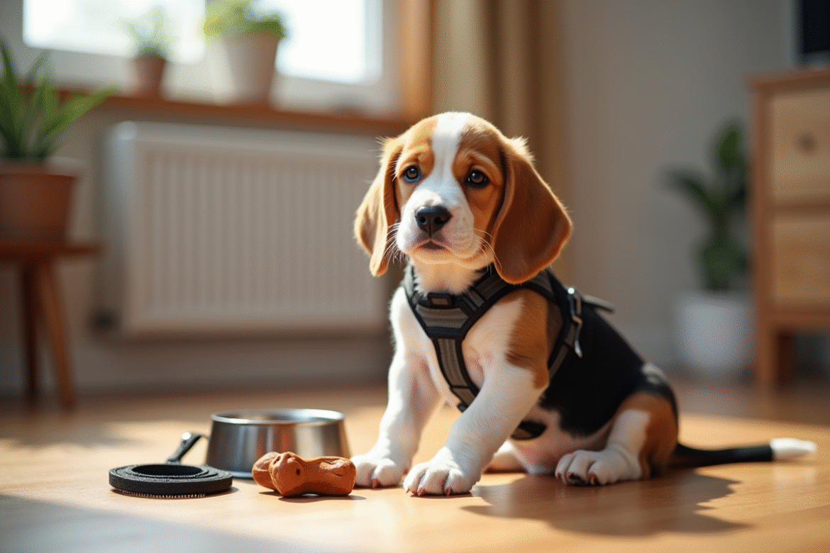 Chiot beagle assis sur le sol avec accessoires pour chiots