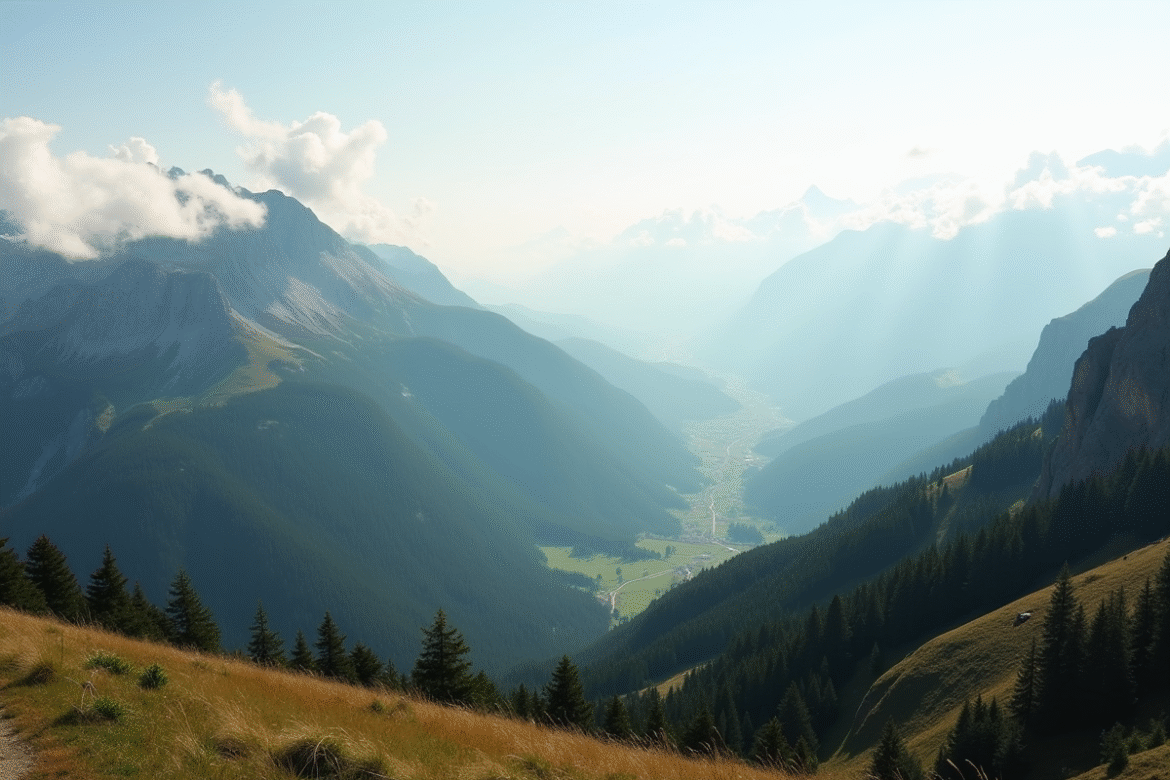 Paysage de montagne au Bessat avec vallées ensoleillées