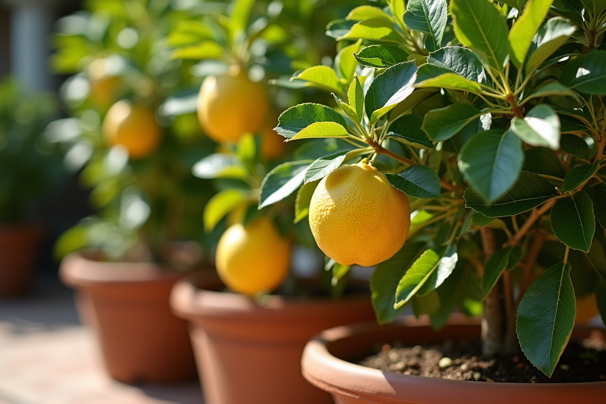 Citronnier en pot dans un patio ensoleille avec feuilles jaunes