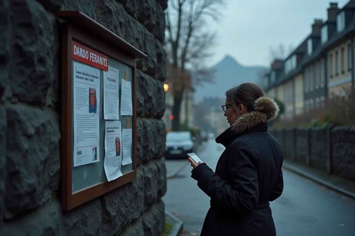 Une femme lit des affiches sur un panneau communautaire dans une rue de Clermont-Ferrand devant un bâtiment en pierre volcanique sombre, avec le Puy-de-Dôme en arrière-plan