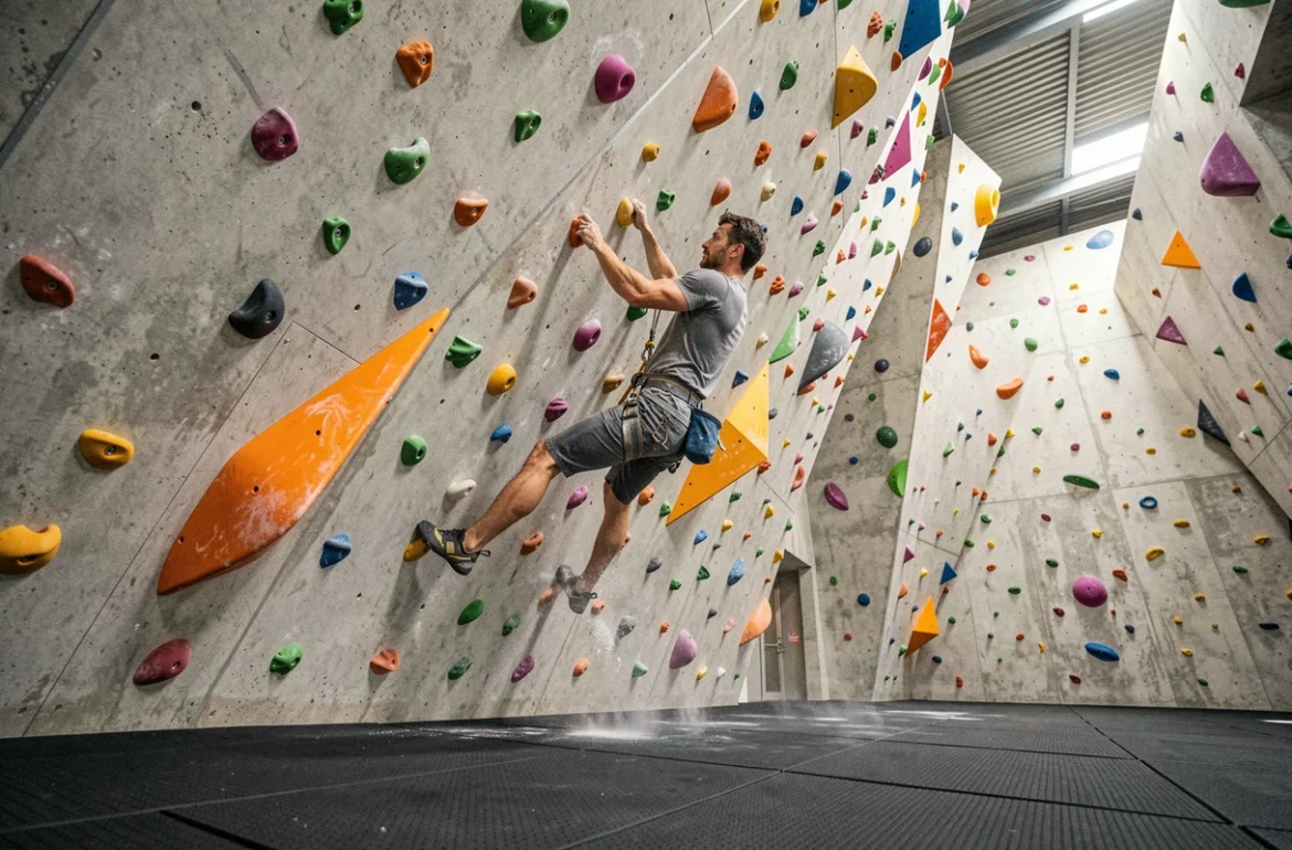 Mur d'escalade intérieur coloré du Climbing Mulhouse Center avec grimpeur en action