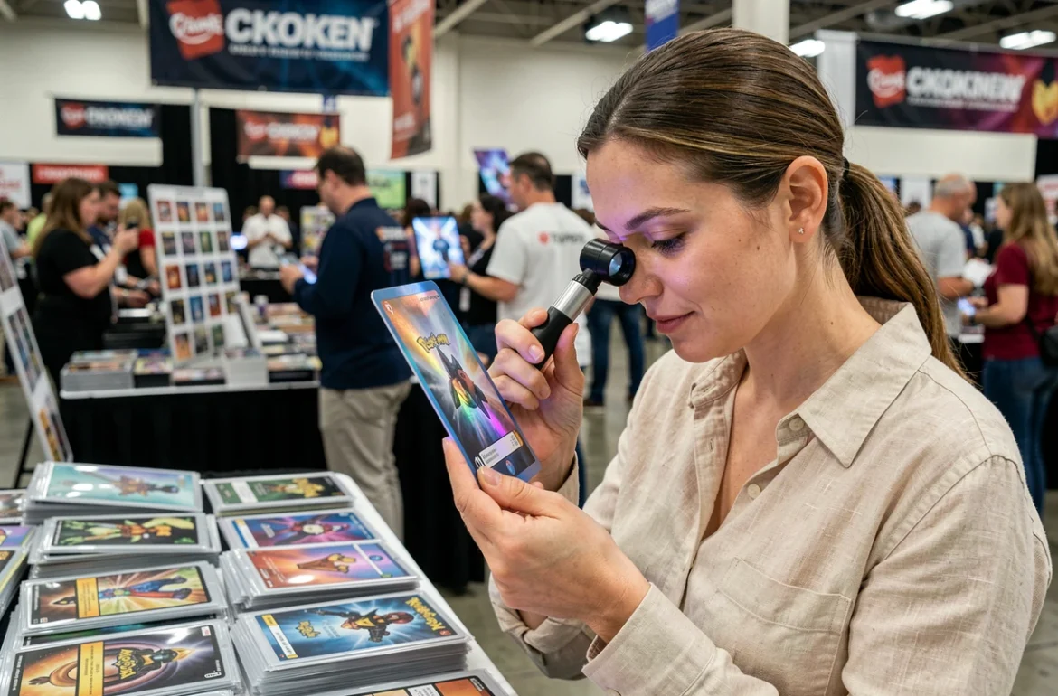 Femme examinant une carte Pokémon holographique avec une loupe dans un salon de collection