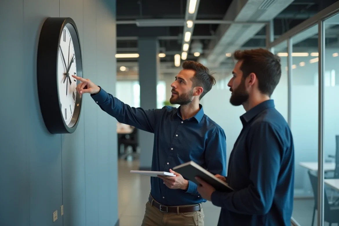 Deux collègues de bureau discutant de la signification des horaires AM et PM devant une grande horloge murale