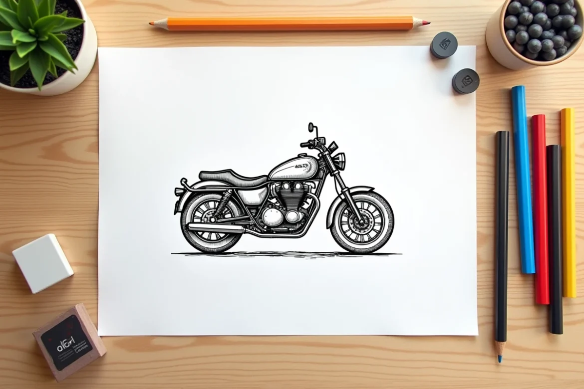 Page de coloriage d'une moto cross posée sur un bureau en bois avec des feutres colorés