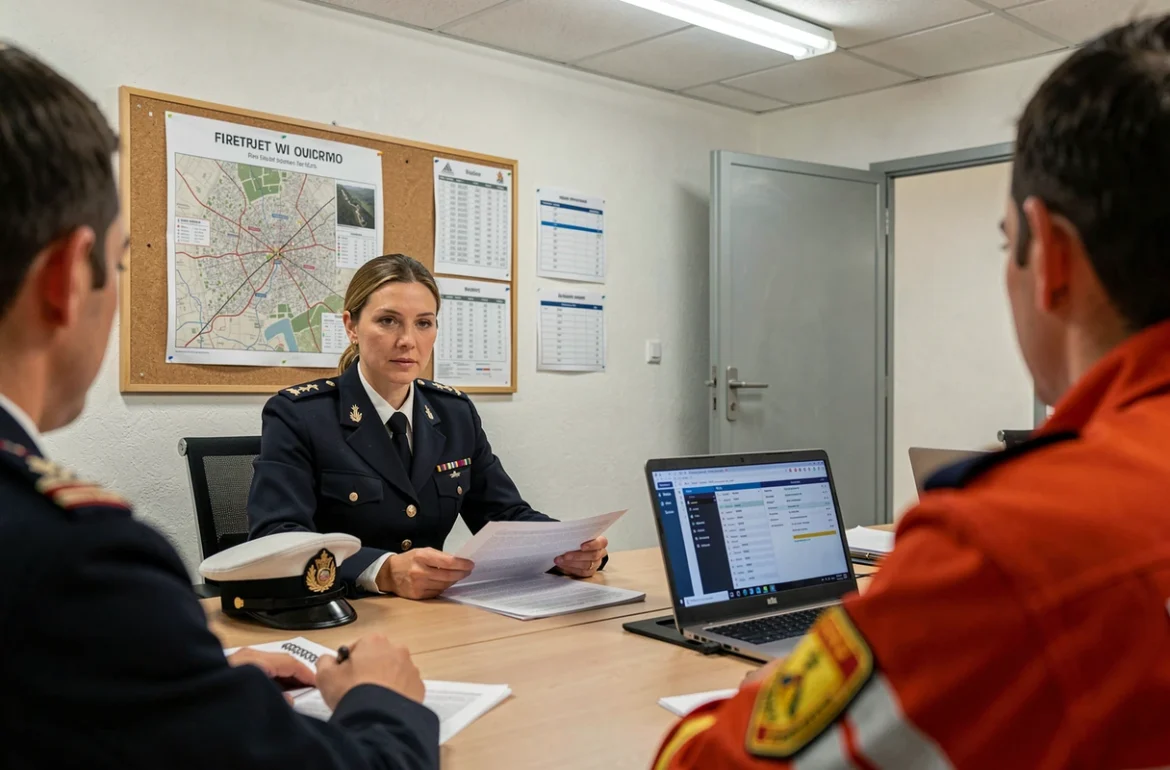 Commandante de caserne animant un briefing opérationnel avec présentation du logiciel IRIS lors d'une réunion de gestion des interventions