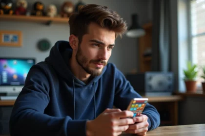 Jeune homme comparant un code Supercell store et un QR code sur son smartphone pour Brawl Stars