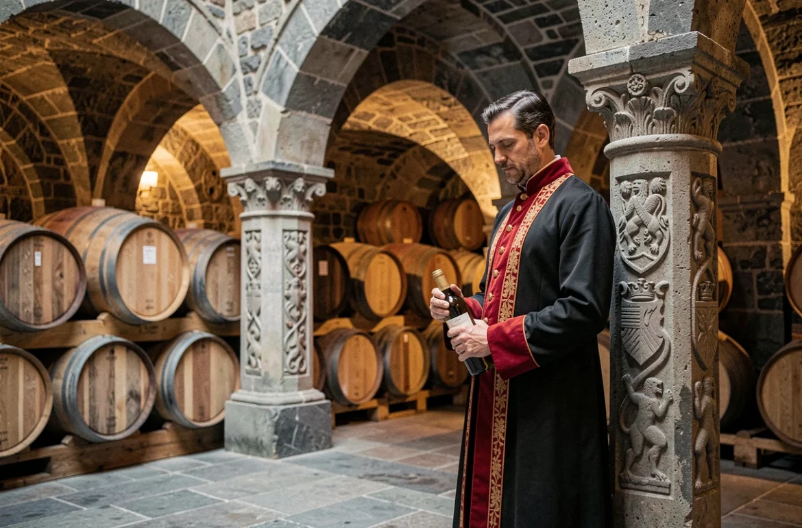 Cave voûtée médiévale de la Confrérie Saint Etienne d'Alsace avec tonneaux et robe de cérémonie traditionnelle