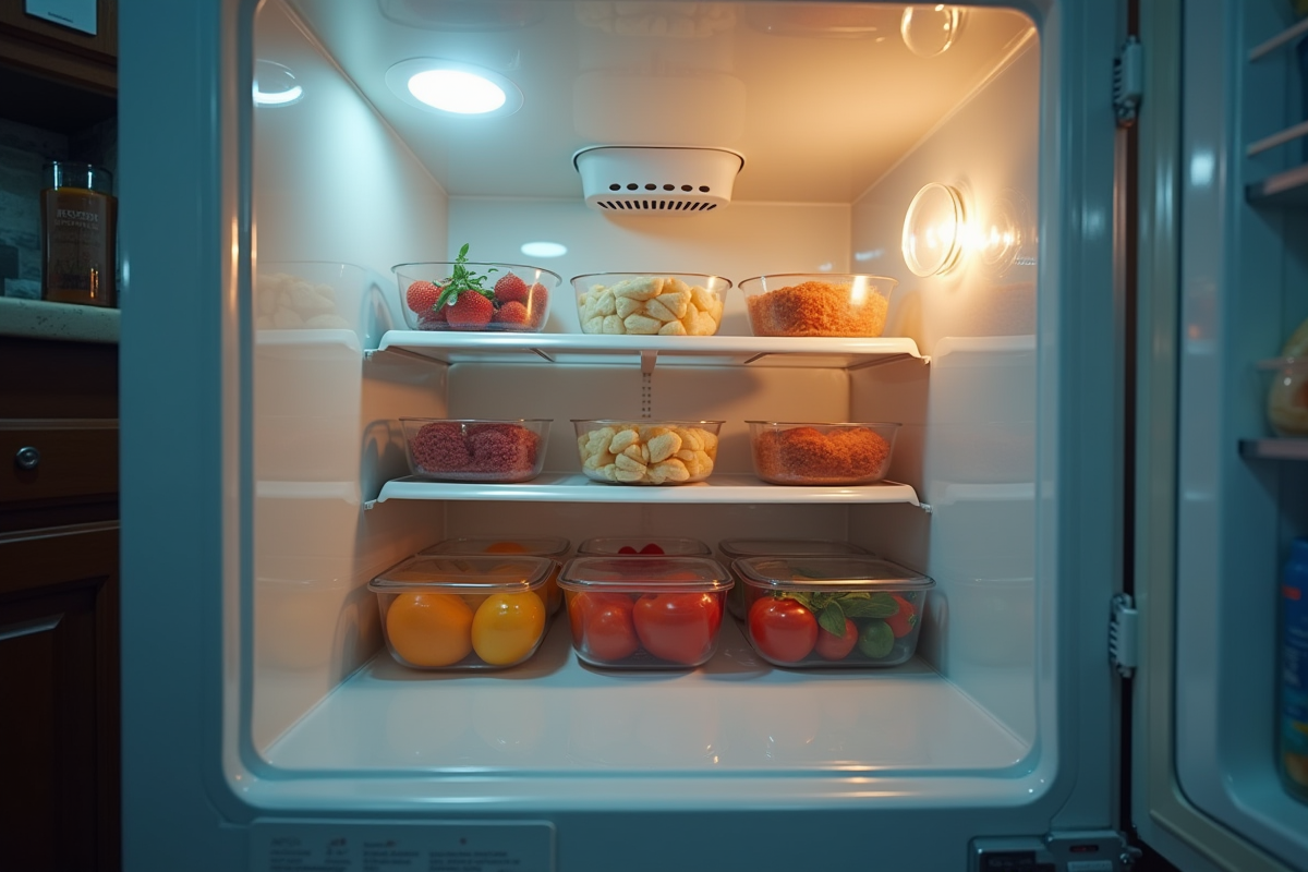 Congélateur ouvert avec aliments bien rangés intérieur