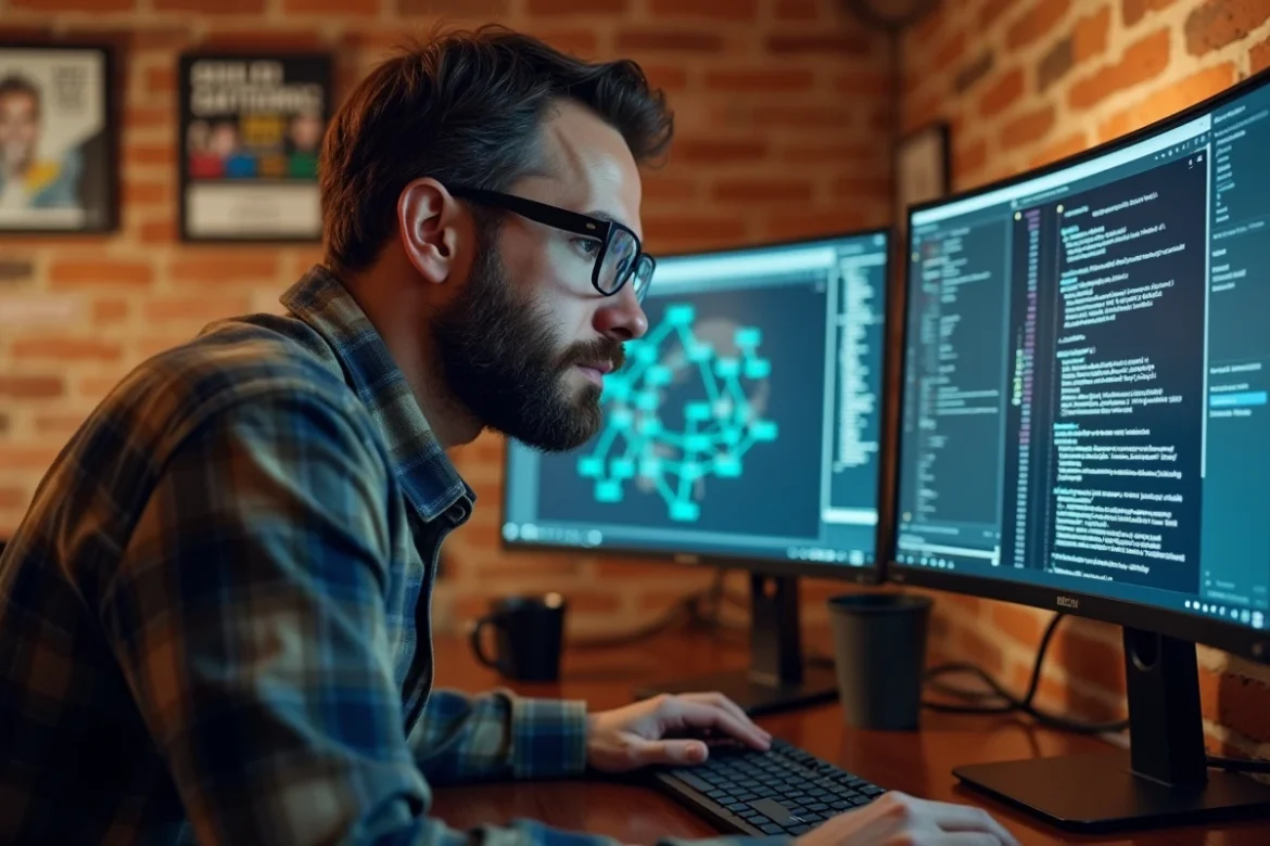 Consultant informatique indépendant analysant les résultats d'un scan de vulnérabilités sur deux écrans dans un bureau avec murs en briques