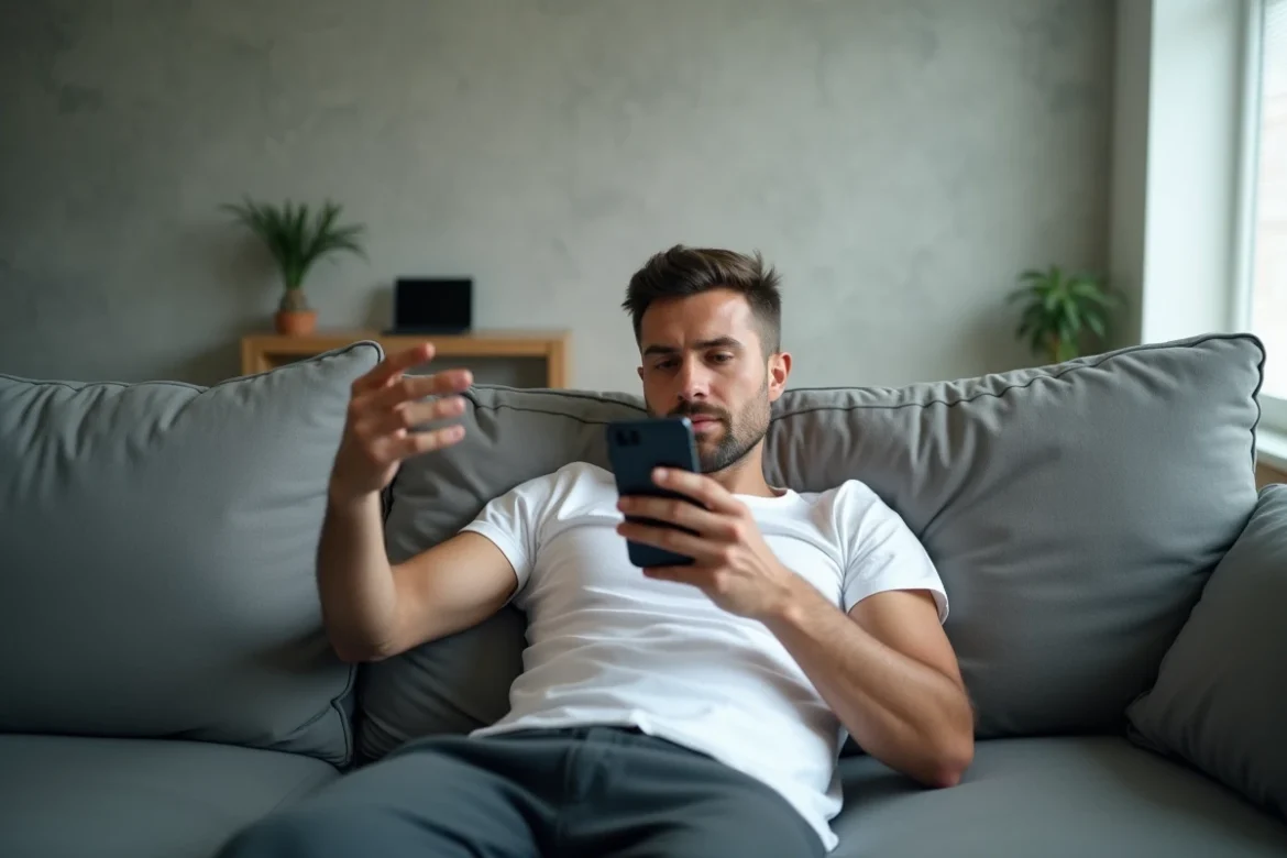 Homme allongé sur un canapé regardant des stories Instagram discrètement sur son téléphone à la maison