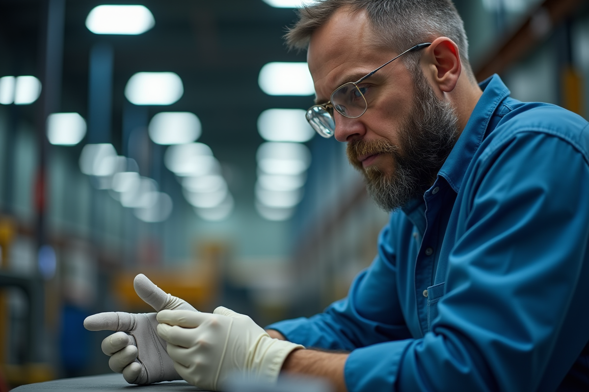 Homme inspectant la qualite des produits en usine sous lumiere forte