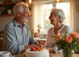 Couple d'anciens mariés souriant dans la cuisine ensoleillée