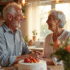 Couple d'anciens mariés souriant dans la cuisine ensoleillée