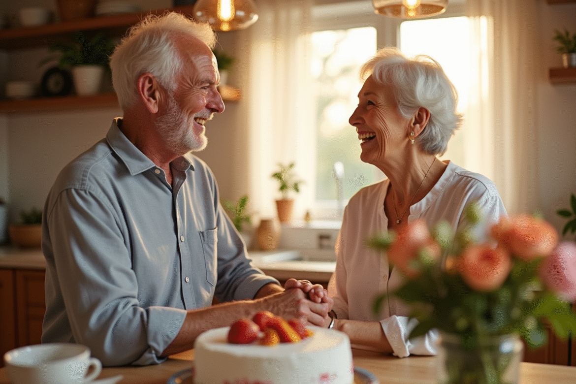 Couple d'anciens mariés souriant dans la cuisine ensoleillée