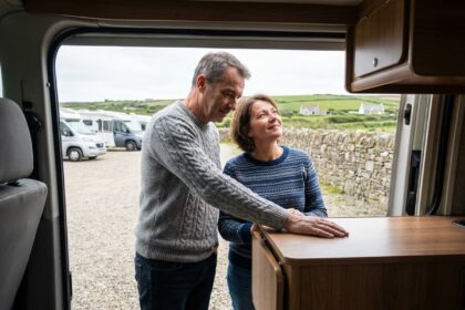 Couple français examine un camping-car d'occasion en plein air
