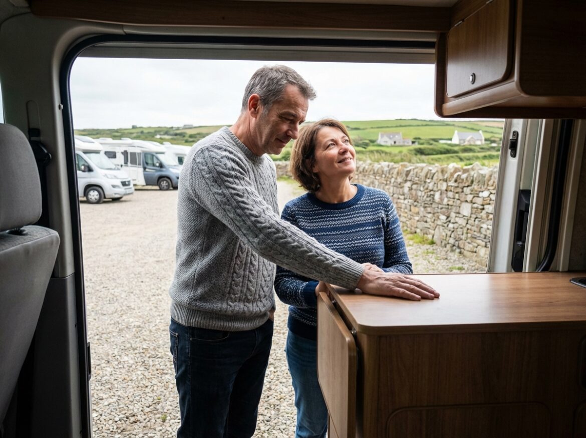 Couple français examine un camping-car d'occasion en plein air