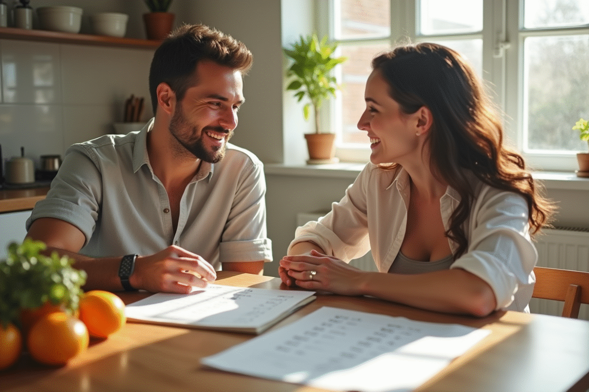 Jeune couple discute de noms de bébé avec liste K