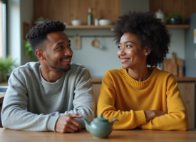 Jeune couple interracial assis à une table de cuisine moderne