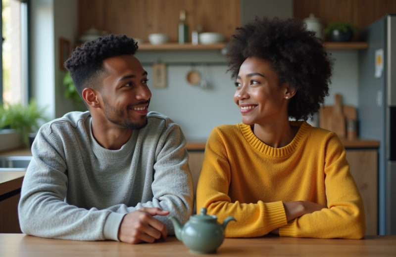 Jeune couple interracial assis à une table de cuisine moderne