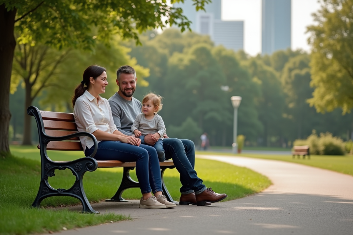 Couple homosexuel avec enfant dans un parc urbain
