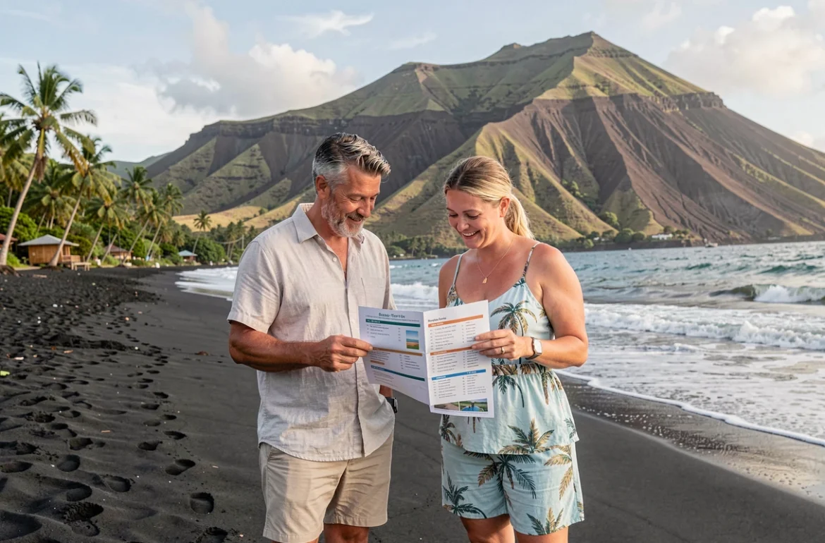 Couple consultant un planning d'activités sur une plage de sable noir en Guadeloupe avec des collines volcaniques en arrière-plan