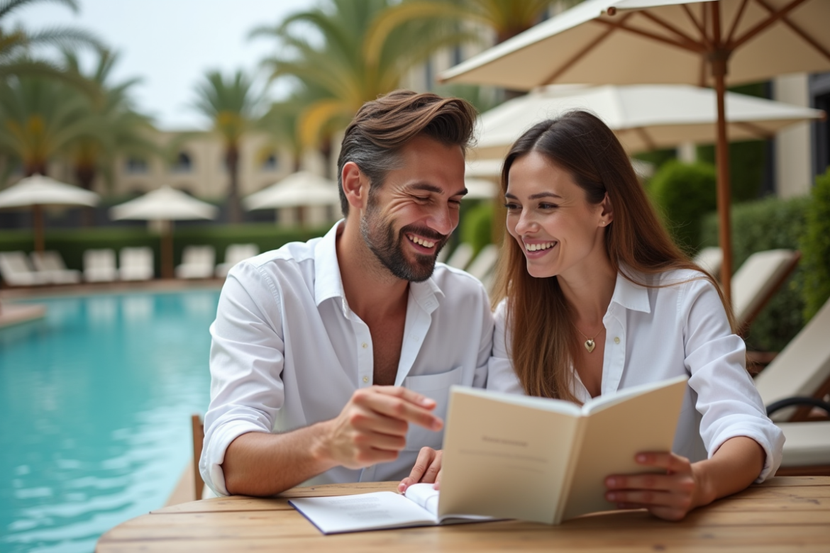 Jeune couple souriant en vacances au bord de la piscine