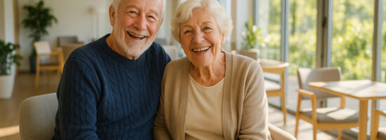 Couple senior heureux dans une résidence en Bretagne