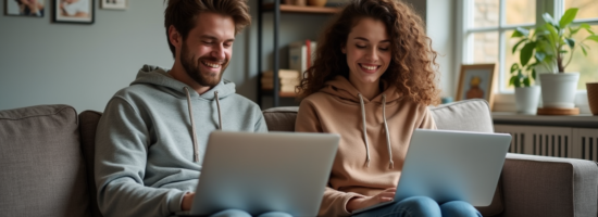 Couple assis sur un canapé avec laptops dans un salon cosy