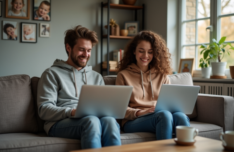 Couple assis sur un canapé avec laptops dans un salon cosy