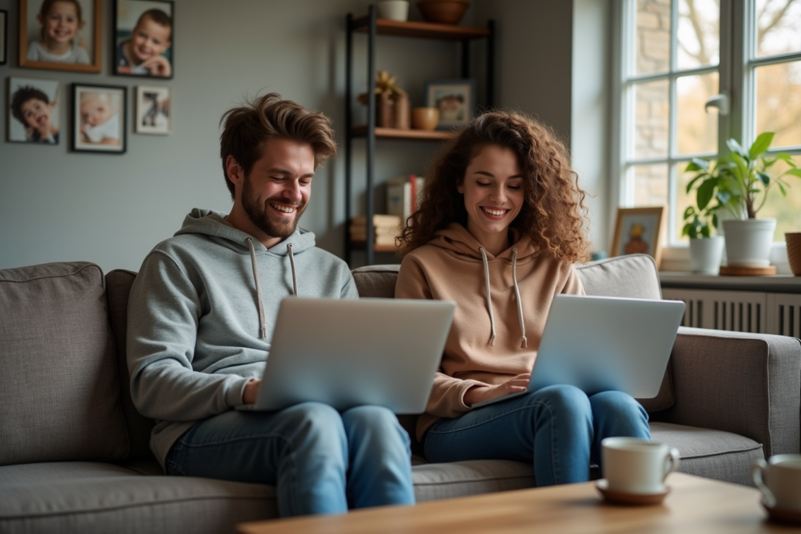 Couple assis sur un canapé avec laptops dans un salon cosy