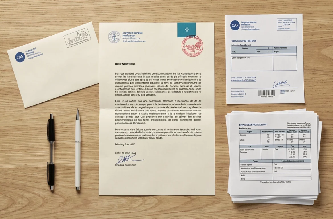 Vue de dessus d'un bureau avec courriers administratifs adressés à la CAF et aux impôts