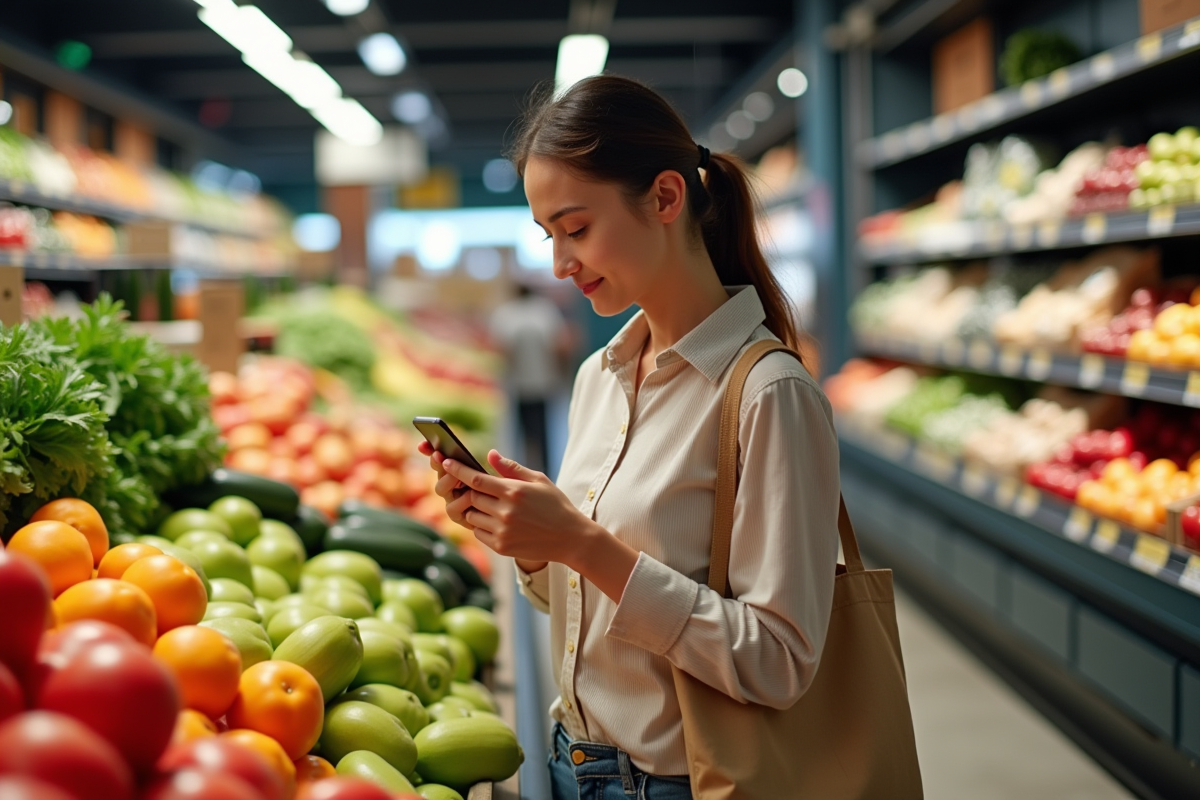 Personne faisant ses courses avec smartphone et produits frais
