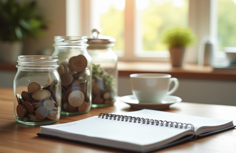Plan de travail cuisine avec argent et planificateur
