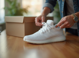 Homme déballant des sneakers blanches sur une table en bois